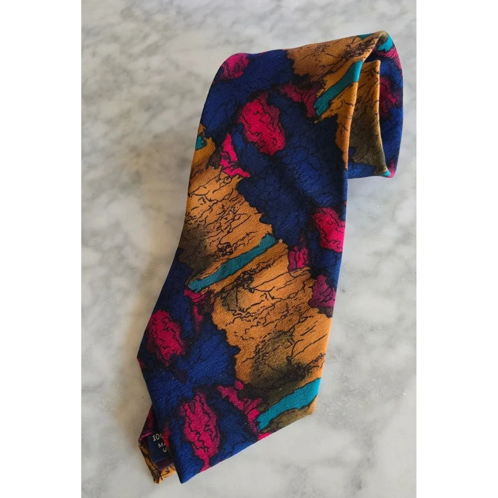 J. Garcia Mens Abstract Art Silk Tie Blue Magenta Gold Made in USA Jerry Garcia